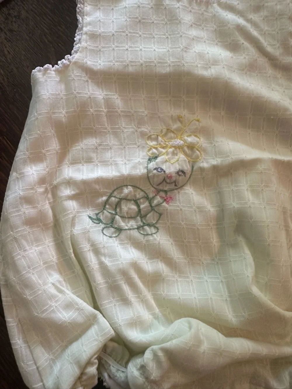 VINTAGE Baby Yellow Embroidered Turtle Romper with Matching White Hat & Bib